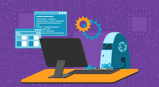 automated work of software, business project development, robot using keyboard at table - 系統(tǒng)軟件開(kāi)發(fā) 幅插畫(huà)檔、美工圖案、卡通及圖標(biāo)