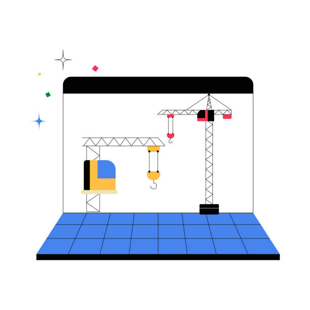 construction cranes on a computer screen in flat vector illustration symbolizing digital infrastructure, online construction tools, and modern technology, isolated on white background - 網(wǎng)站門戶平臺(tái)搭建 幅插畫檔、美工圖案、卡通及圖標(biāo)